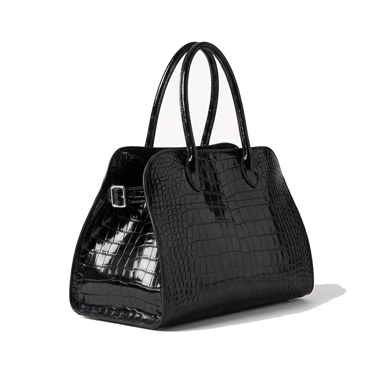 Glossy Black Scaled Embossed Dome Top Handheld Carryall With Matching Curved Top Grips And Silvery Side Buckle Hardware