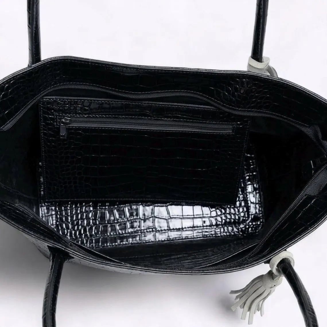 Glossy Black Scaled Embossed Flared Wide Tote With Contrast Off-White Fringe Tassel And Interior Zip Storage Pocket