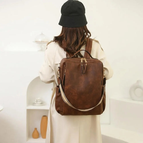 Distressed Brown Multi-Carry Backpack Striped Detachable Band