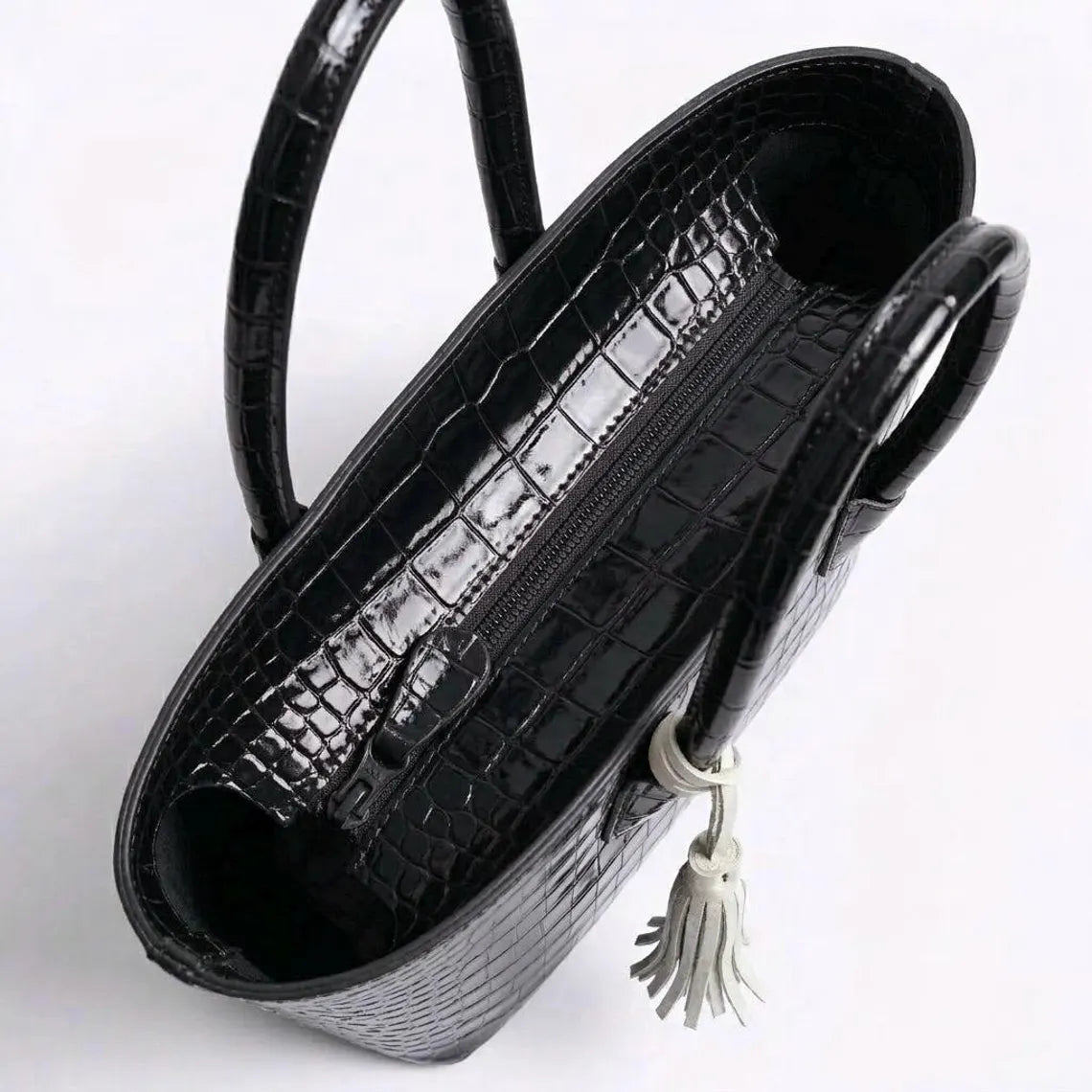 Glossy Black Scaled Embossed Flared Wide Tote With Contrast Off-White Fringe Tassel And Interior Zip Storage Pocket