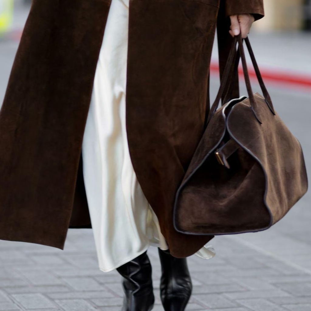 Brown Suede Structured Tote Gold Buckle Adjustable Strap