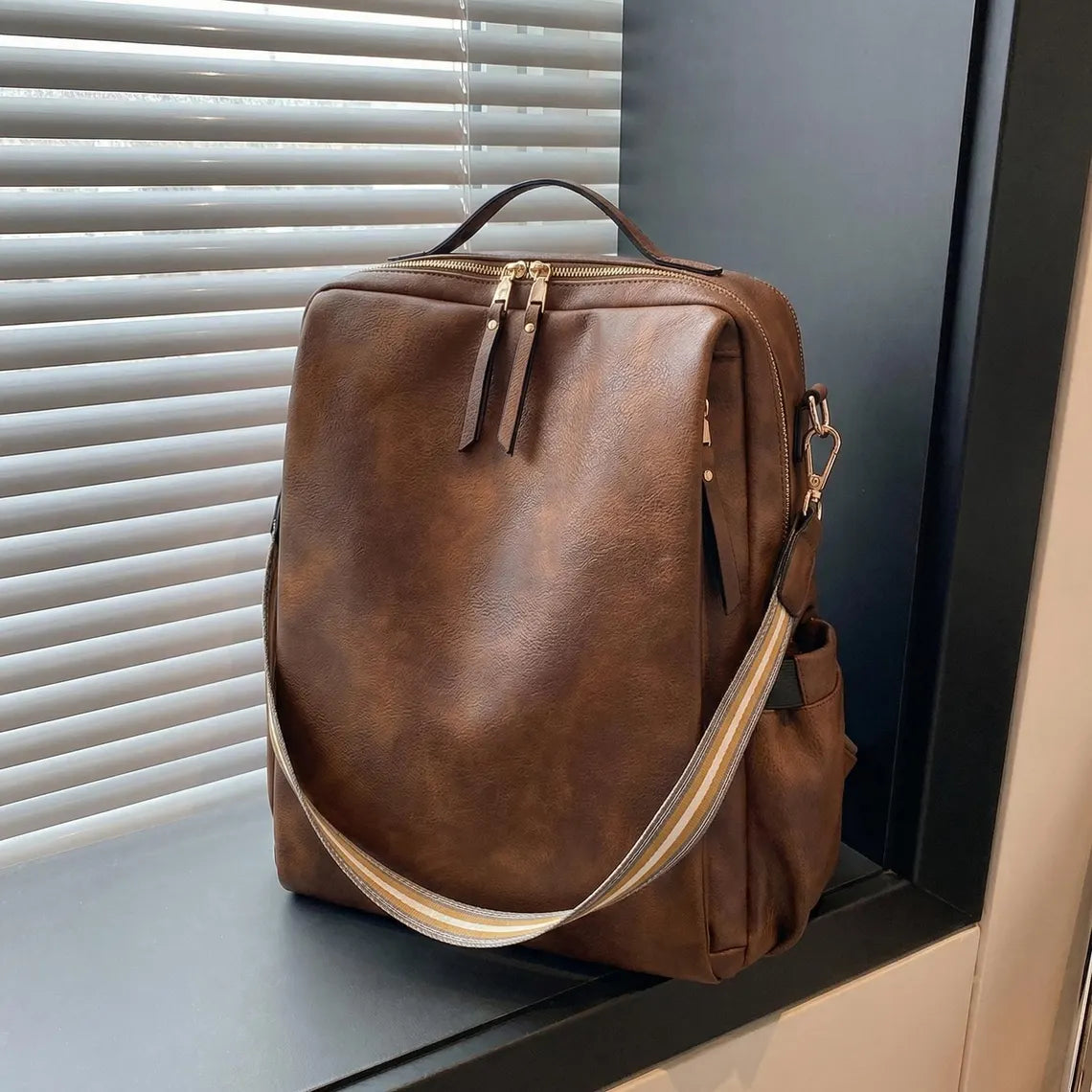 Distressed Brown Multi-Carry Backpack Striped Detachable Band