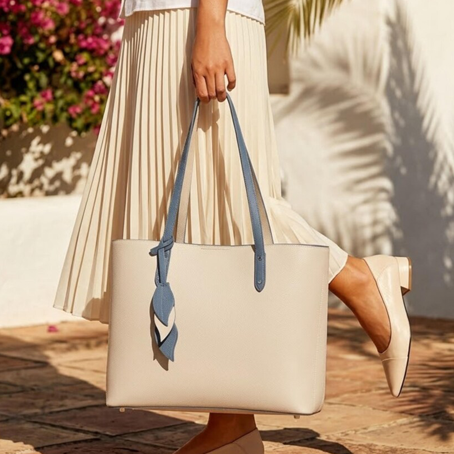 Off-White Minimal Tote with Blue Straps Leaf Pendant