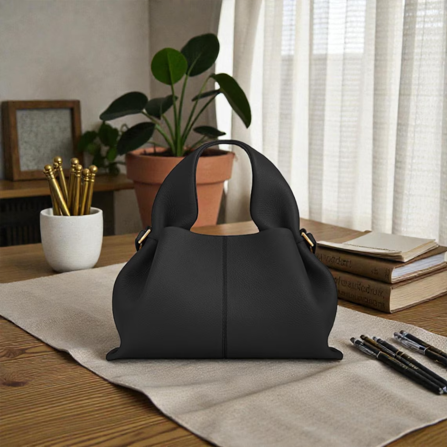 Multi-Tone Soft Grain Draped Dumpling Shoulder Bag With Integrated Looped Top Grips And Polished Golden Side Ring Hardware