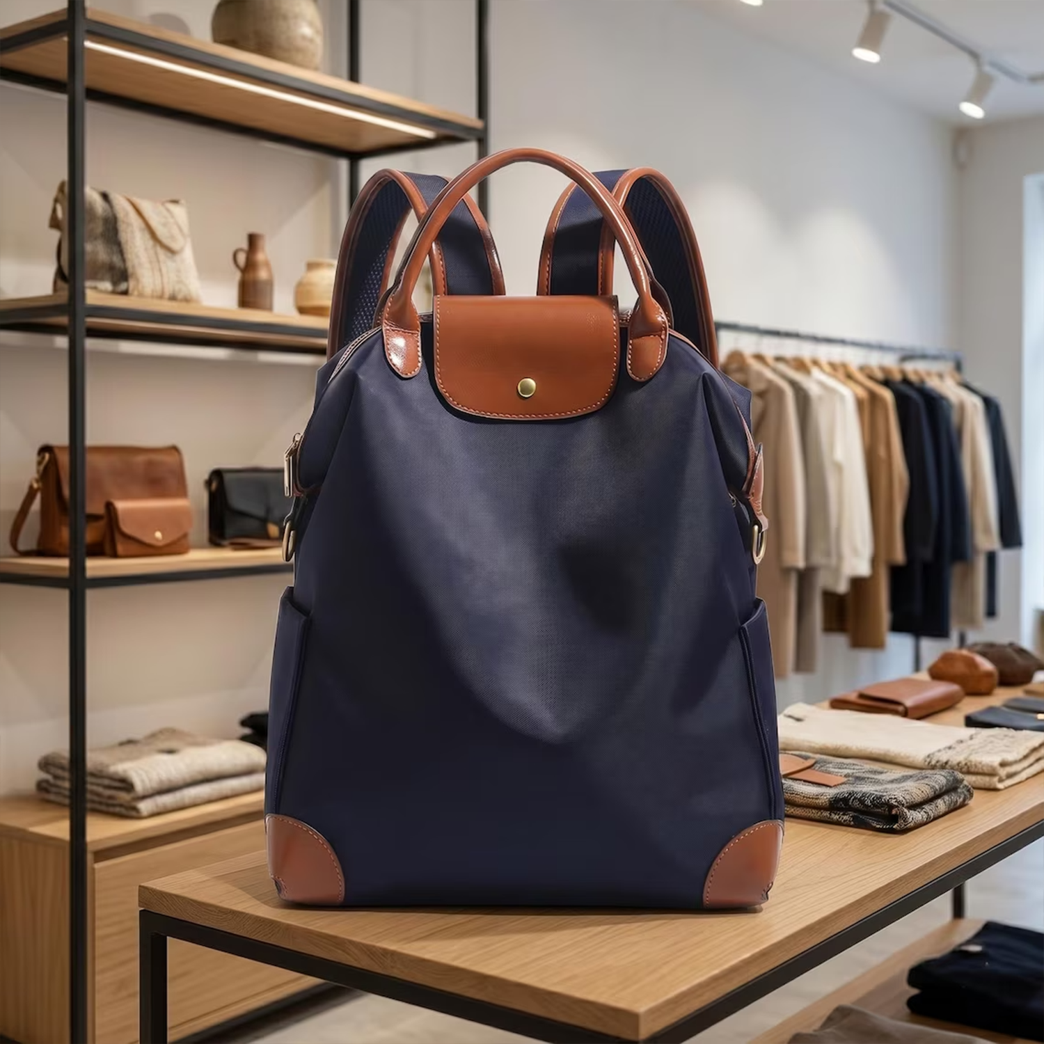 Multi-Tone Water-Resistant Woven Commuter Rucksack With Earth-Tone Trim, Padded Mesh Shoulder Straps And Front Snap Flap Closure