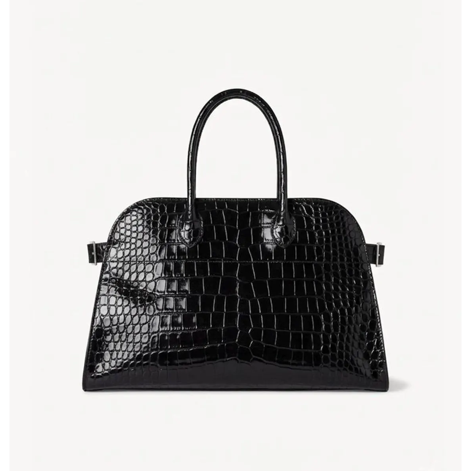Glossy Black Scaled Embossed Dome Top Handheld Carryall With Matching Curved Top Grips And Silvery Side Buckle Hardware
