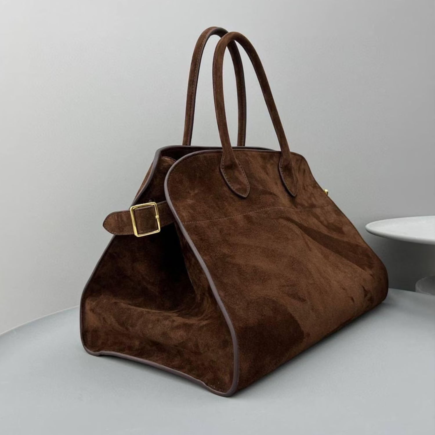 Brown Suede Structured Tote Gold Buckle Adjustable Strap