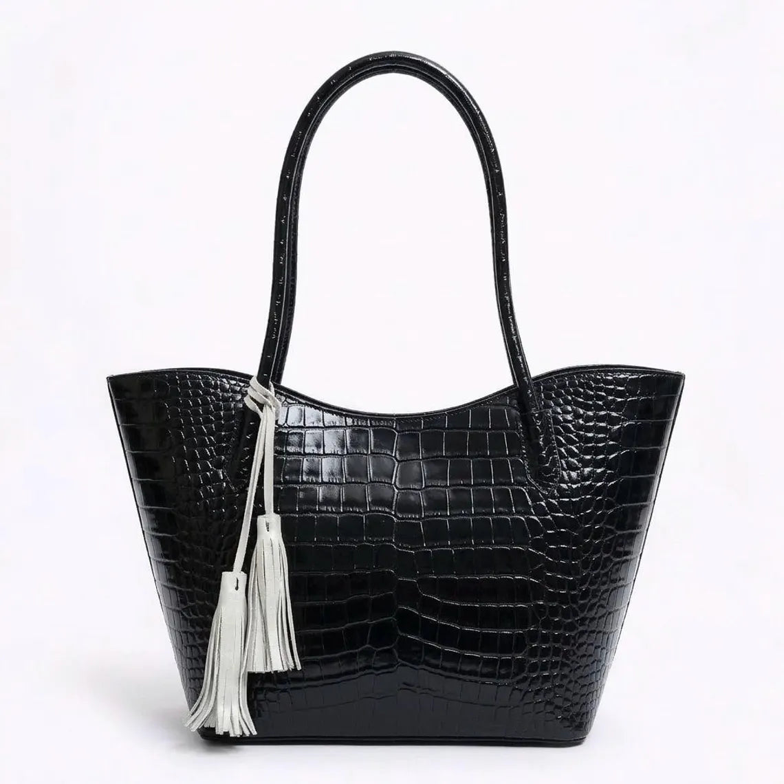 Glossy Black Scaled Embossed Flared Wide Tote With Contrast Off-White Fringe Tassel And Interior Zip Storage Pocket