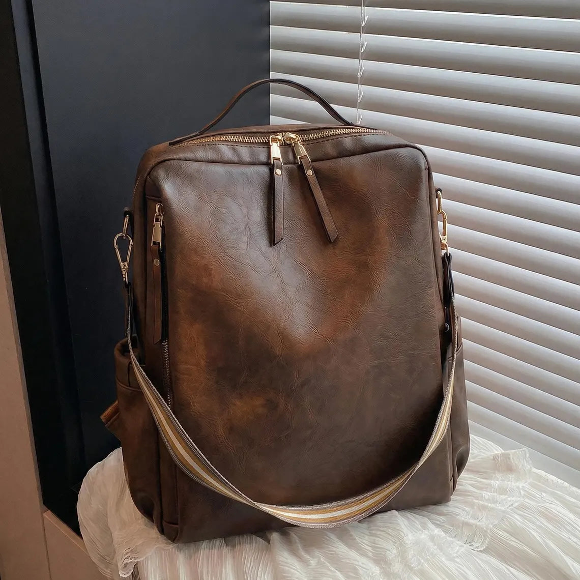 Distressed Brown Multi-Carry Backpack Striped Detachable Band