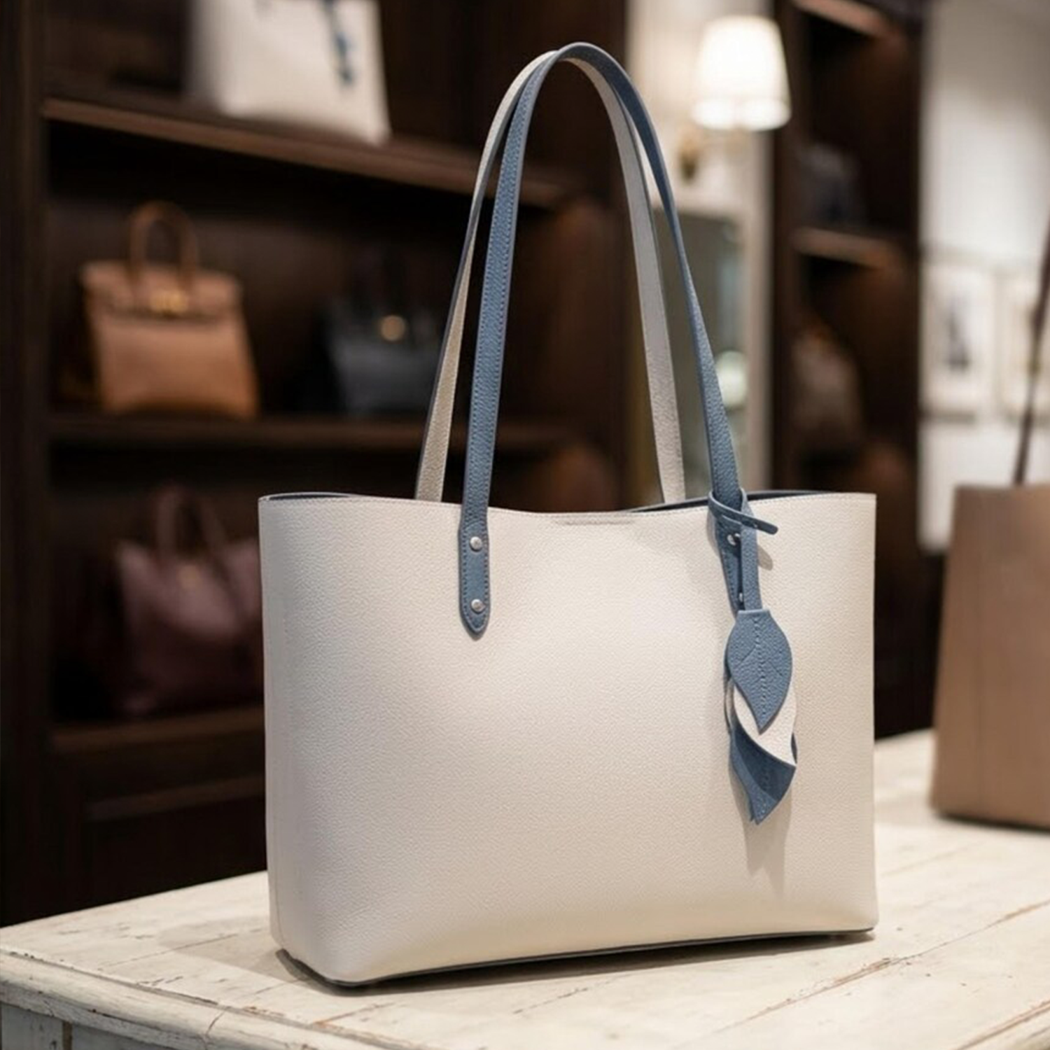 Matte Off-White Minimal Rectangular Tote With Contrast Slate Blue Shoulder Straps And Layered Leaf Decorative Charm